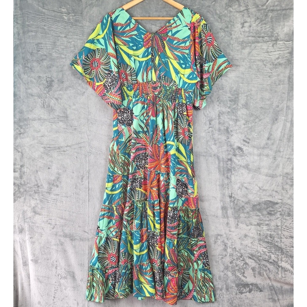 Anthropologie Boemo Dress Medium Floral Tropical Maxi Tiered Resort Beach Boho - Picture 8 of 9